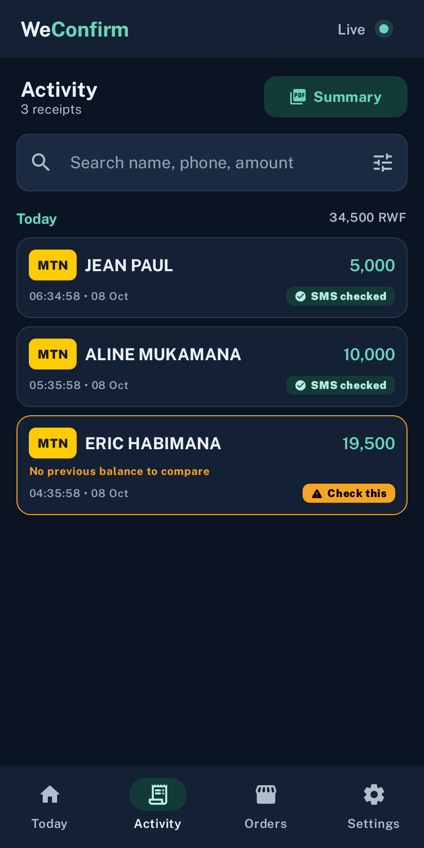 Recorded payments and daily totals. App screen with sample data.