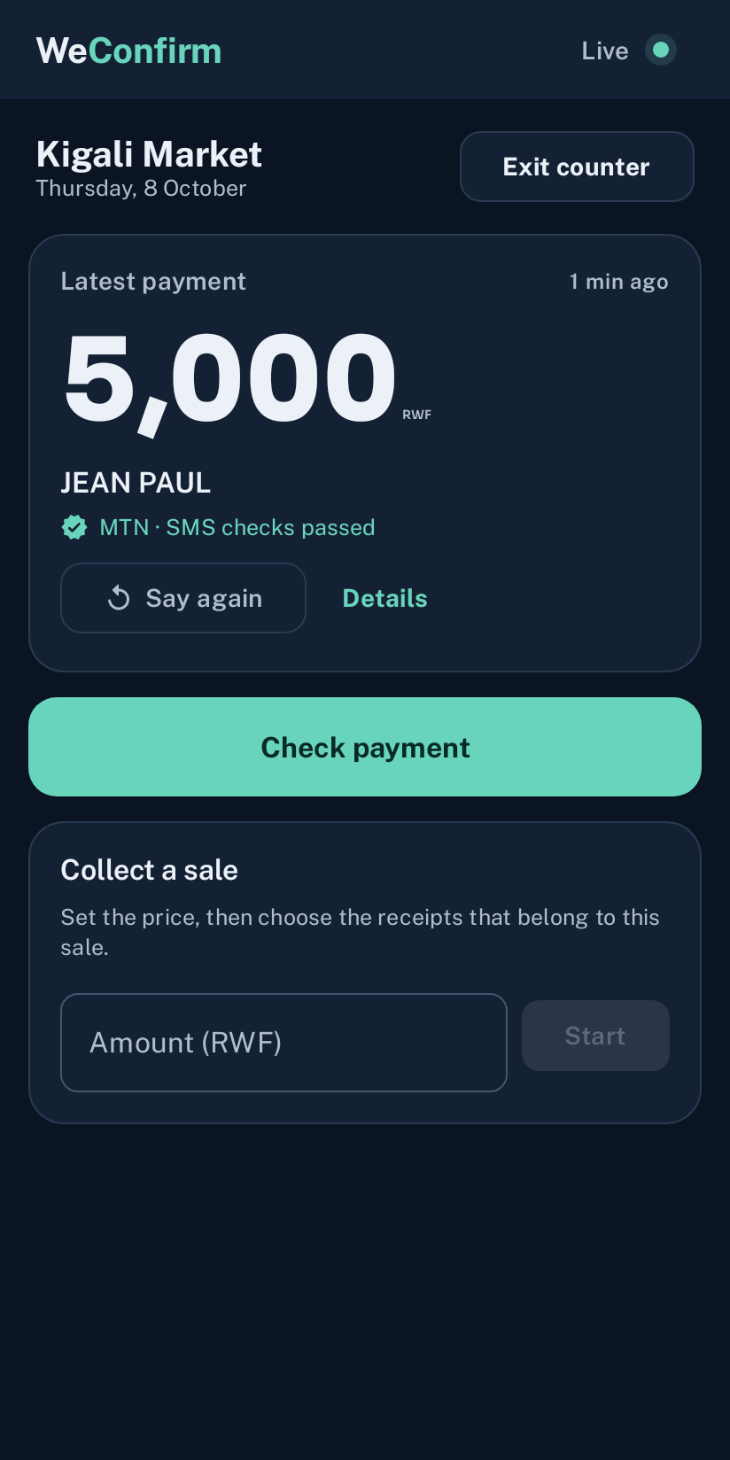 Latest recorded payment, amount and sender. App screen with sample data.