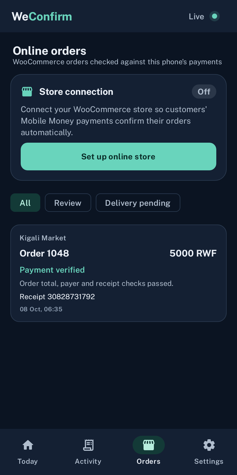 WooCommerce payment result and its linked receipt. App screen with sample data.