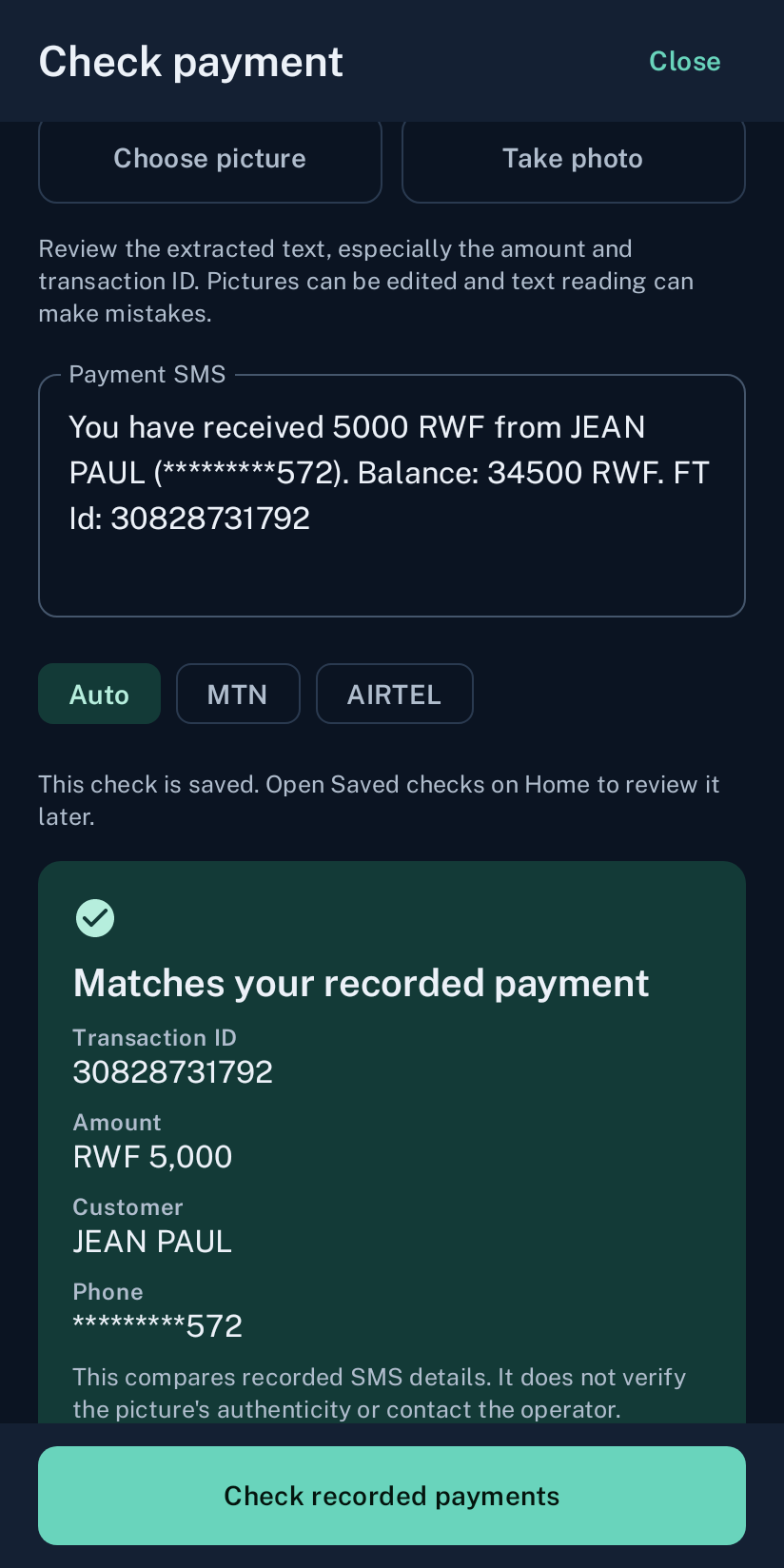The payment SMS input and network options, enlarged from the real app. Sample payment data.