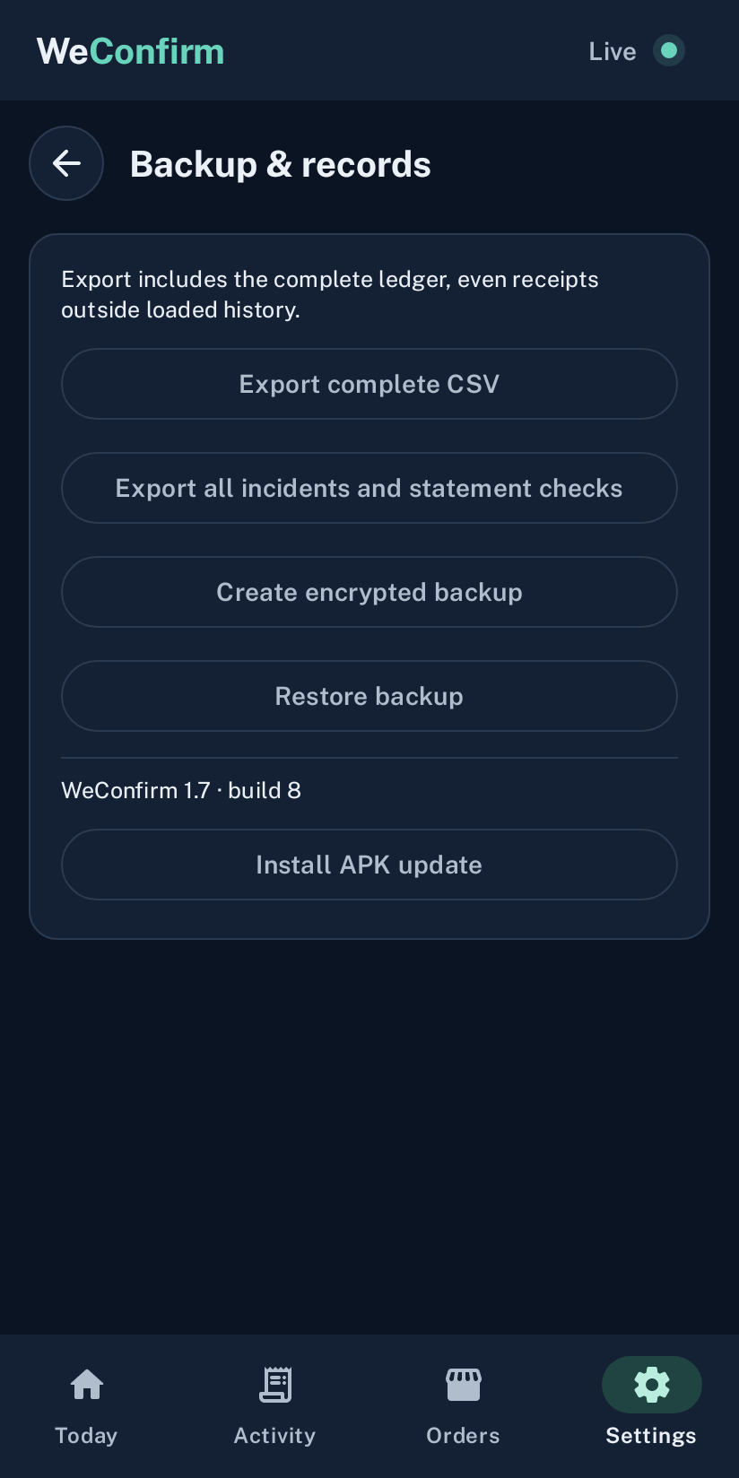 Backup, restore and export controls. App screen with sample data.