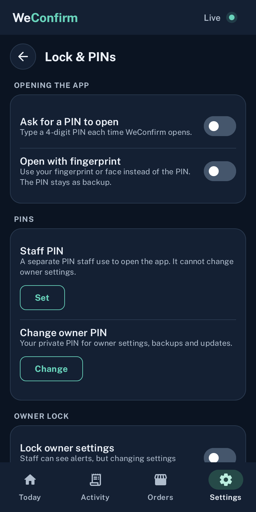 App lock, owner PIN and fingerprint controls. App screen with sample data.