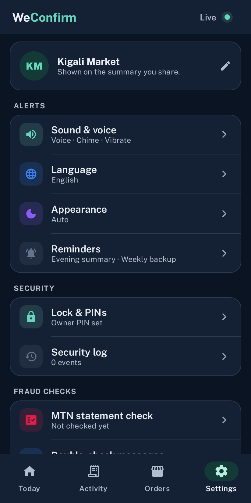 Sound, language, security and phone settings. App screen with sample data.