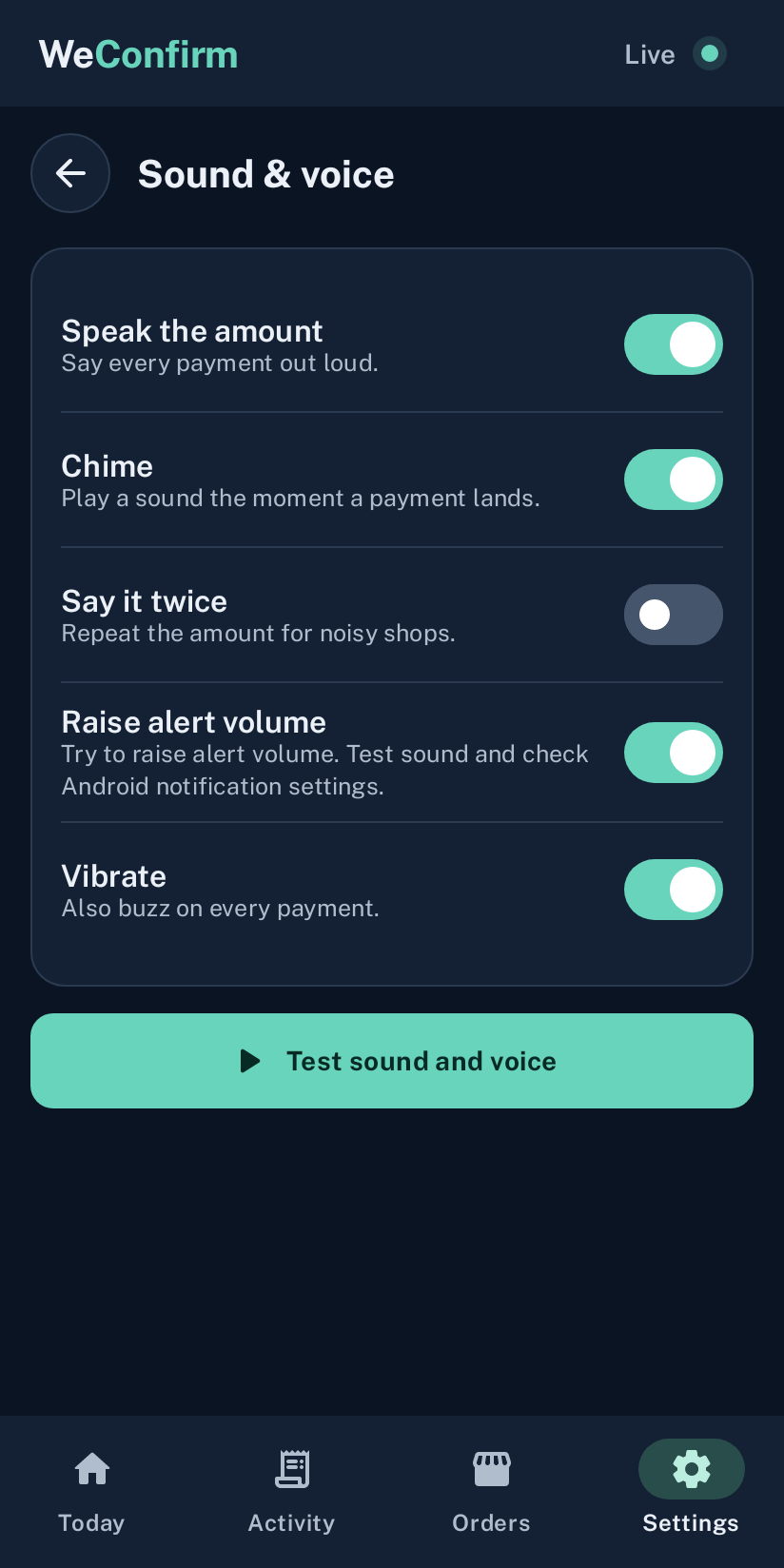 Voice, chime, repeat, volume and test controls. App screen with sample data.