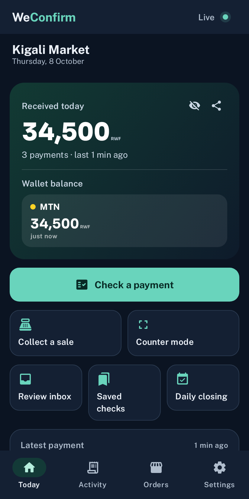 Shop name, received total, wallet balance and payment tools. App screen with sample data.